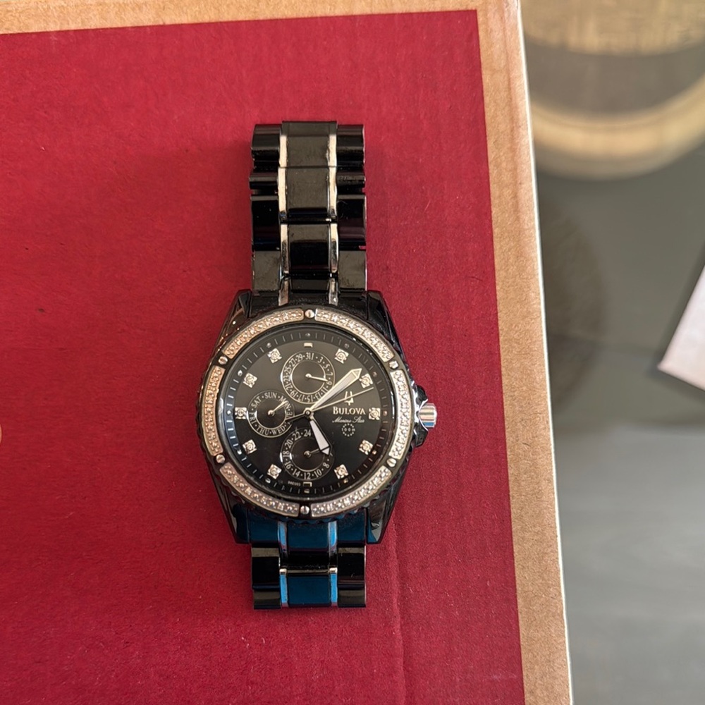 Bulova Black and Silver Watch with Crystal Details